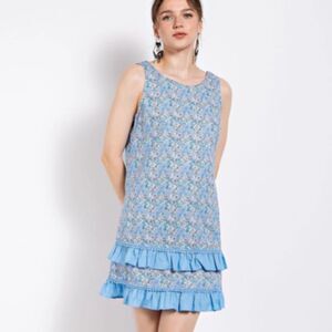 Gigio Ditsy Blue Floral Ruffled Sleeveless Tank Dress Cotton Fabric Pullover